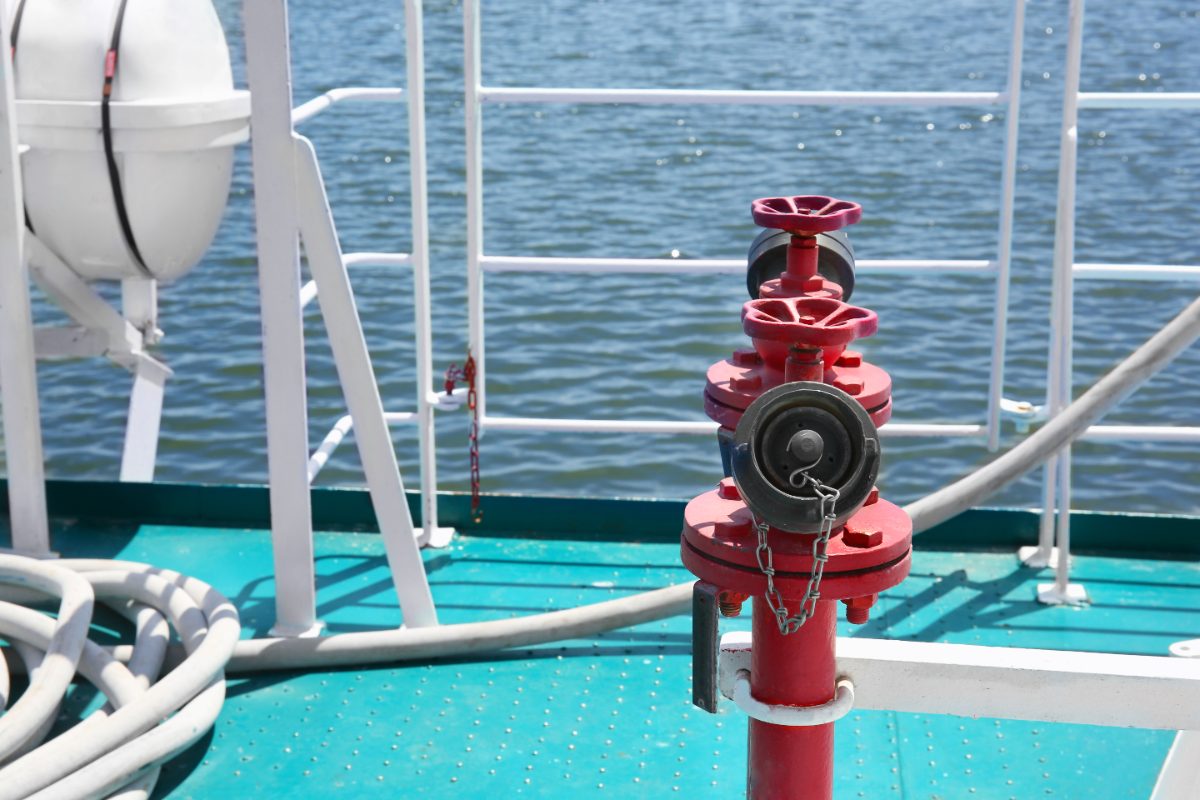 Fire main hydrant on a ship deck, the shipboard firefighting installation affected by the IMO foam rule